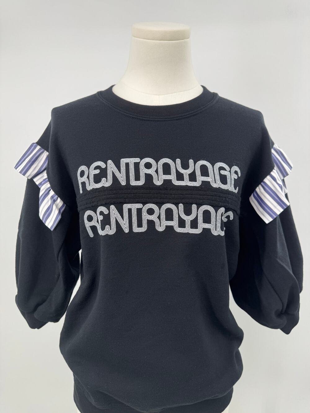 Rentrayage Black Navy Sweatshirt Short Sleeve Ruffle Oversized XS NWT